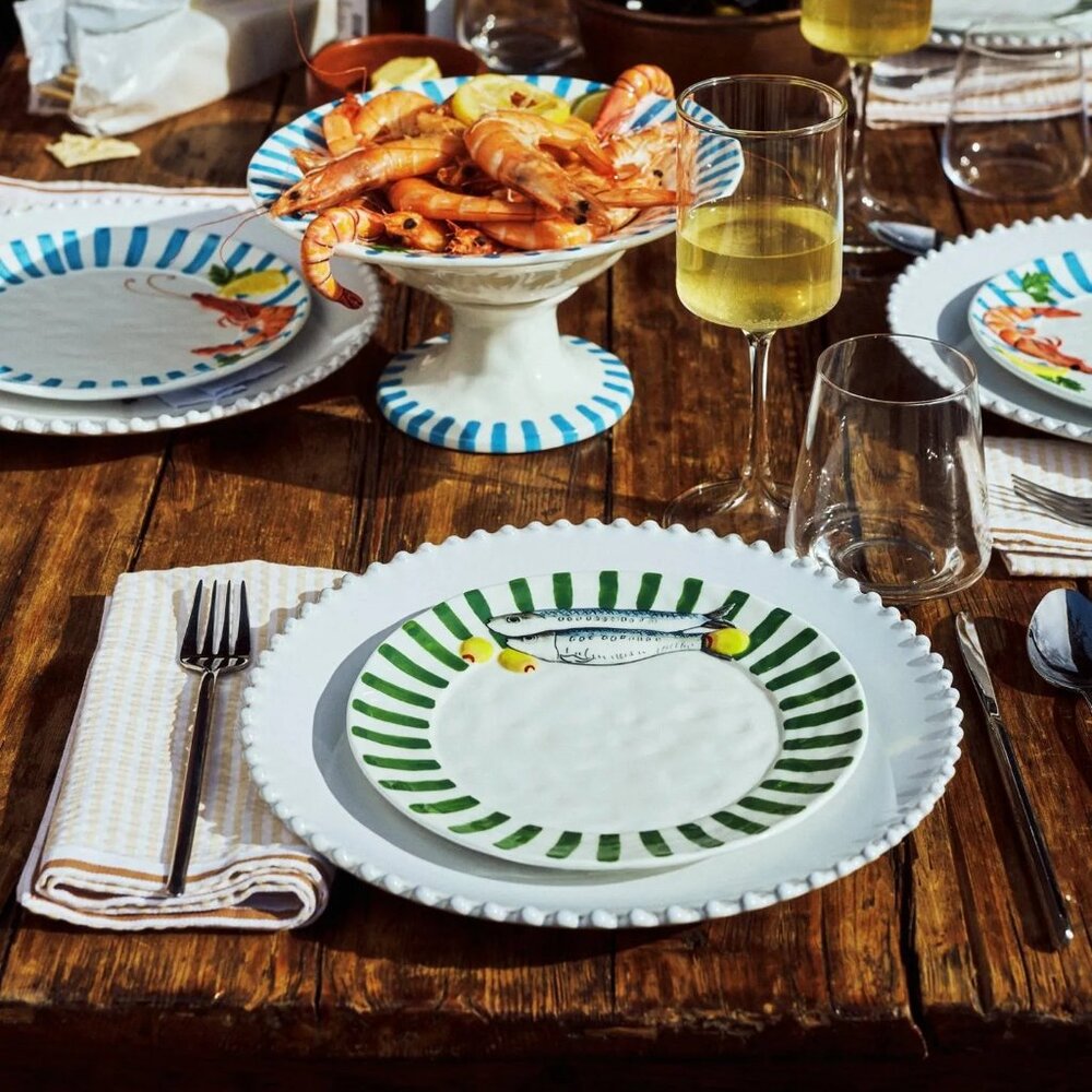 New Anthropologie Micola Seafood Side Plate Green Stripe Sardine Stoneware 8”